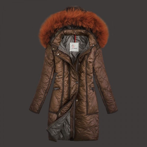 Moncler Donna lungo Giù cappotto Rosso Marrone Presa M1110